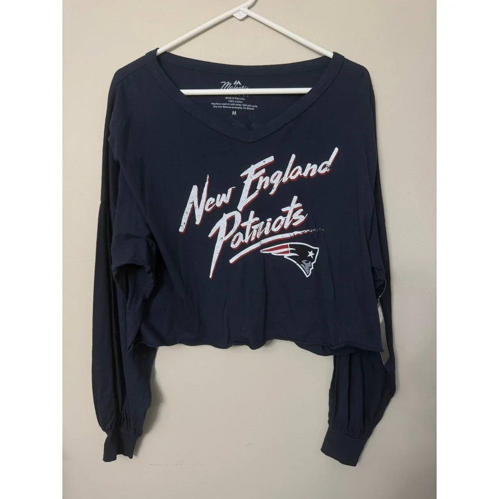 Majestic New England Patriots Drake Maye Women M Navy Crop Long Sleeve NWT